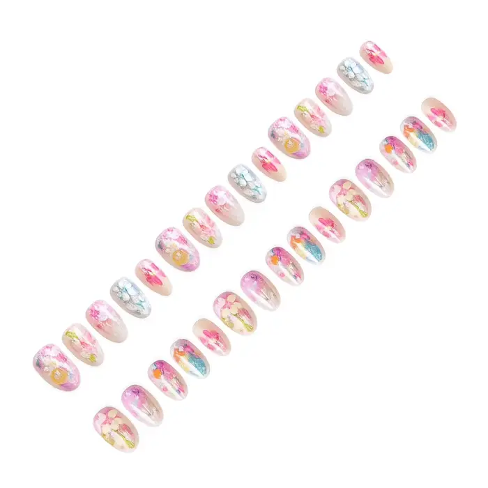 24/30 faux ongles à presser, motif floral aquarelle, courts et ovales, pour femmes, décoration florale printemps-été
