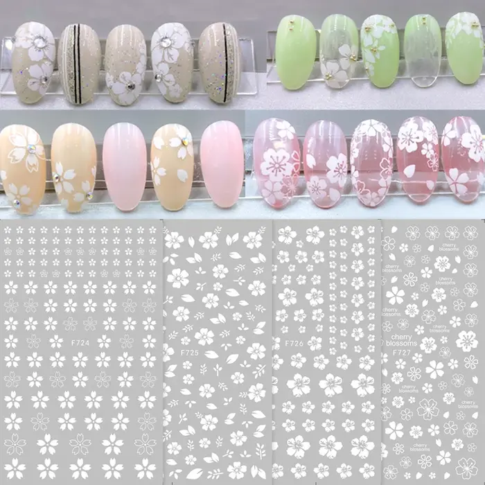 Autocollants pour ongles 3D fleur de cerisier blanc