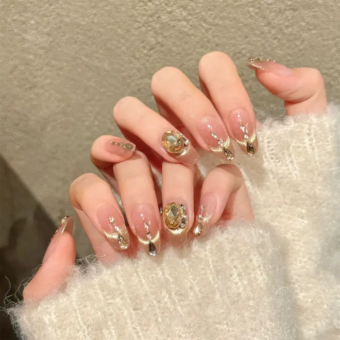 10 faux ongles marron imprimé léopard avec strass, design rose et or, manucure de luxe, longs ongles