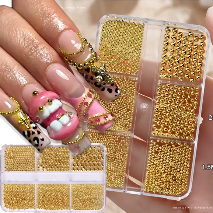 6 grilles 6 tailles de perles métalliques dorées, breloques pour Nail Art, perles de Caviar 3D pour
