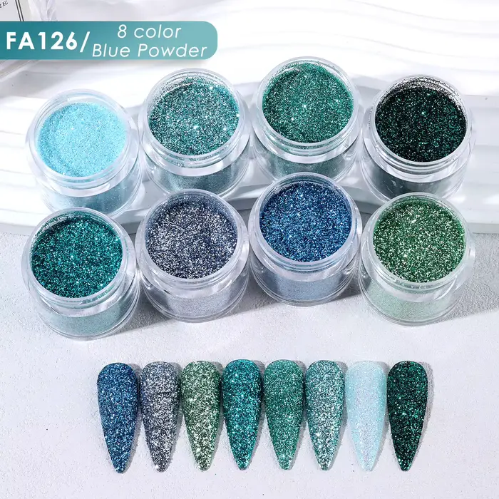 8 Bouteilles de Poudre à Paillettes pour Ongles Série Été Bleu, Vert Teal, Bleu Océan, Paillettes DI
