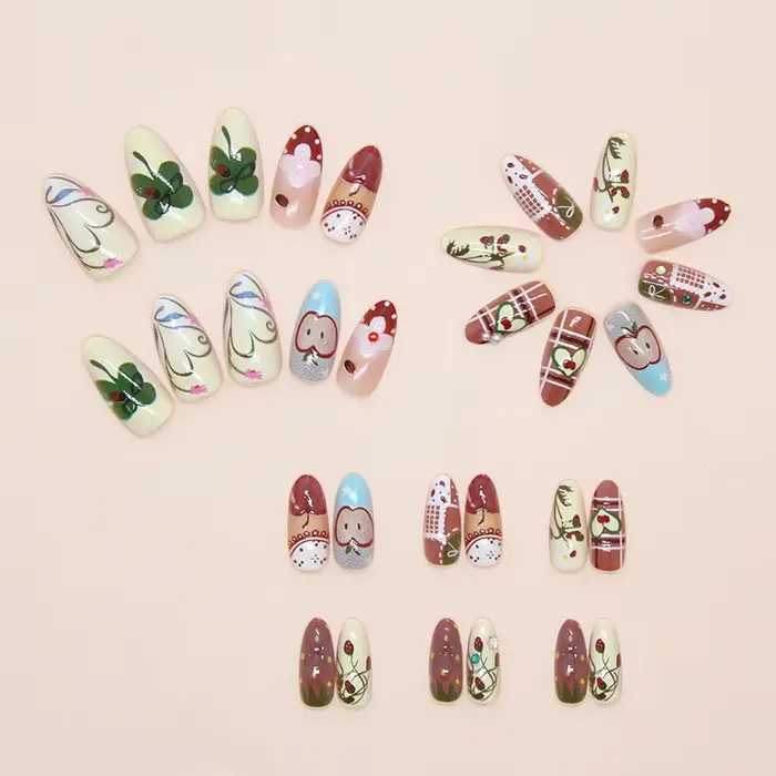 24 pièces mignon amande presse sur ongles dessin animé pomme fraise doux rose Plaid modèles français faux