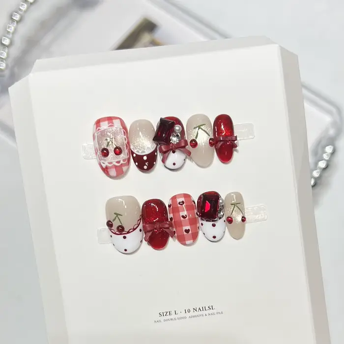 10 pièces doux Cool amande fait à la main faux ongles rose Plaid cerise nœuds papillon conceptions presse sur les ongles fée Ballet portable faux ongles