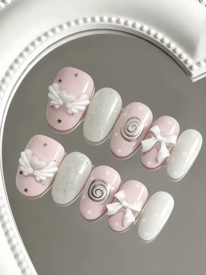 10 faux ongles courts roses et blancs à thème ange