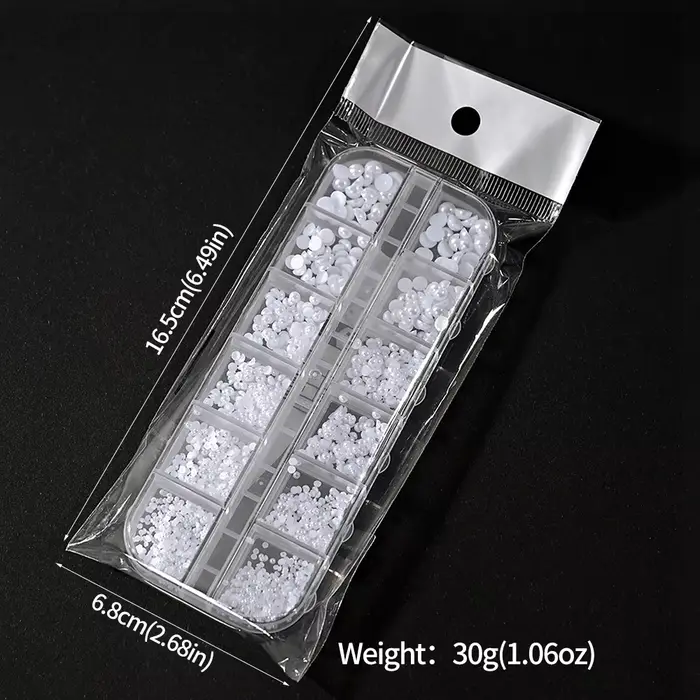 12 compartiments de perles blanches 3D pour ongles