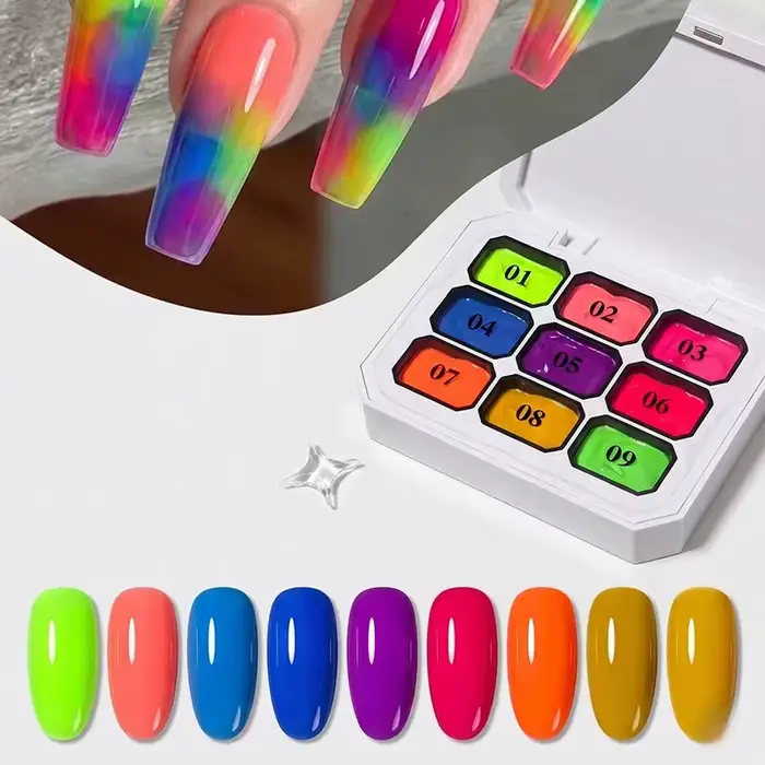 Gel UV 9 couleurs fluo néon solide en grille de neuf carrés, gel à ongles UV, gel blush dégradé à ap