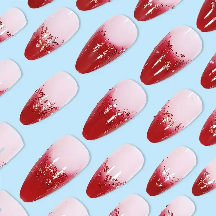 Faux ongles français à paillettes rouge vin
