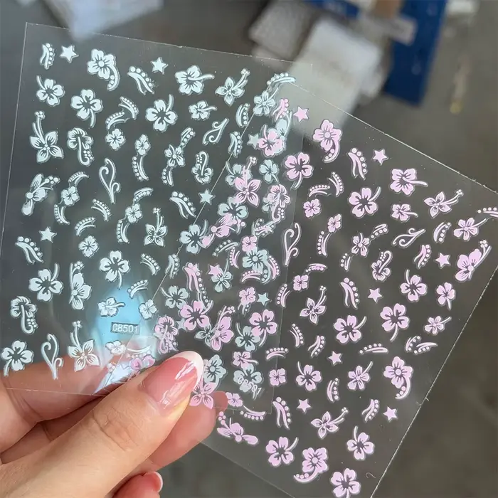 Autocollant pour ongles fleurs d'hibiscus 3D, 2 feuilles, rose et blanc, Y2k, auto-adhésif, fournitu