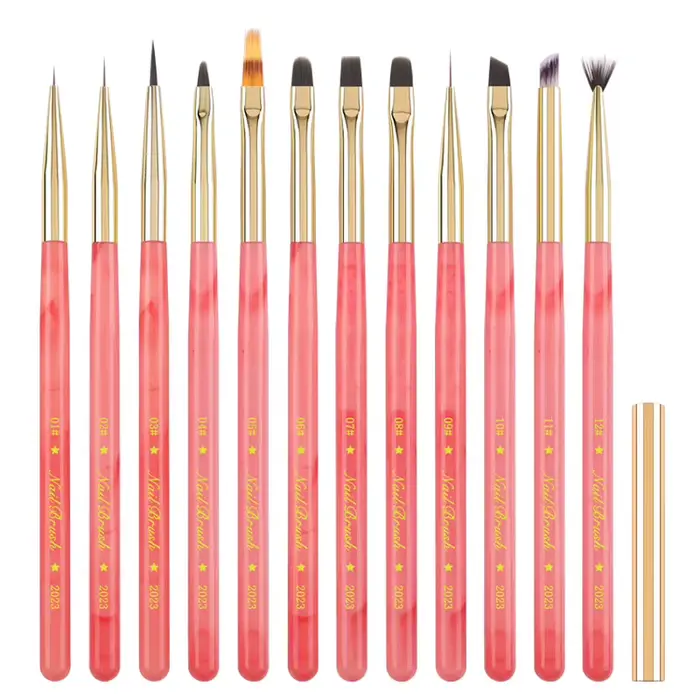 Lot de 12 pinceaux de nail art roses avec manche en jade incrusté