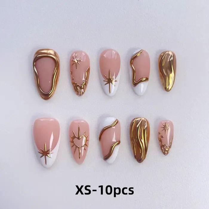 10 pièces/boîte Faux ongles à presser en acrylique, couvrance totale, dorés effet miroir, motifs éto