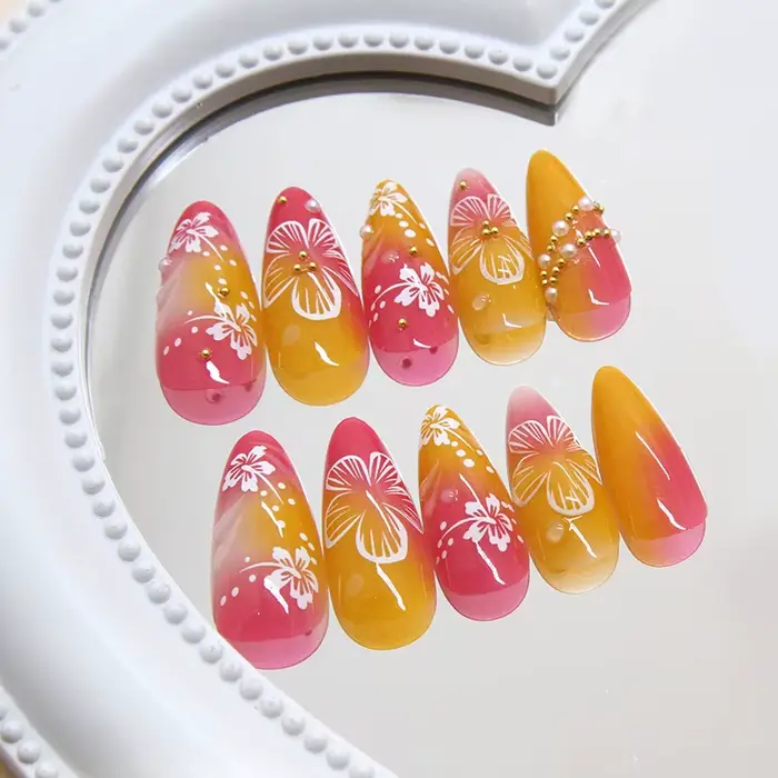 24 pièces or rose fleur presse sur ongles brillant amande automne portable faux