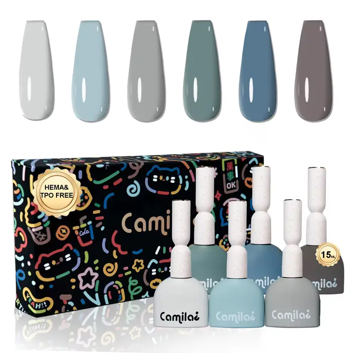 CAMILA – Lot de 6 vernis gel gris clair 15 ml, sans TPO ni HEMA, kit de manucure professionnel pour 