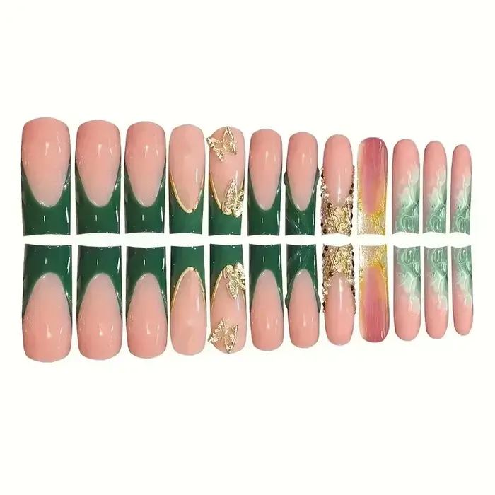 Faux ongles français verts avec diamant, papillon doré, élégants, artificiels en acrylique, longs et