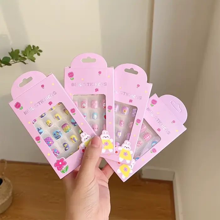 24 pièces/boîte enfants dessin animé ongles conseils coloré mignon fille faux