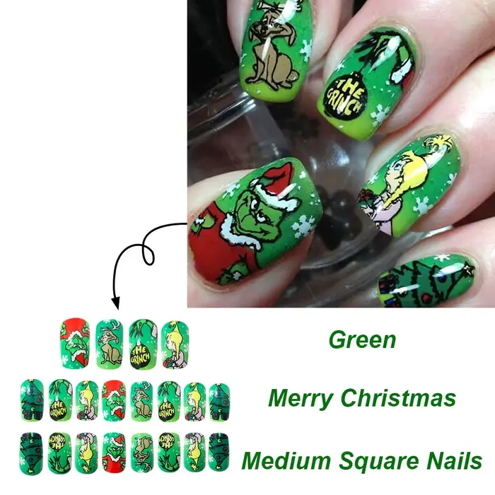 Faux ongles carrés courts à pression de noël monstre vert mignon avec lettres vertes Grinch couverture complète bâton