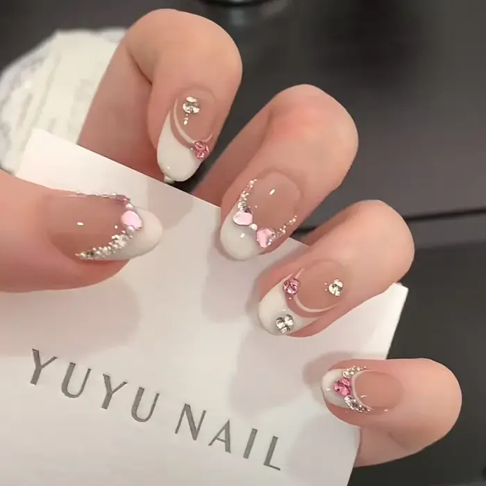 10 pièces blanc français rose coeur diamant manucure Art doux