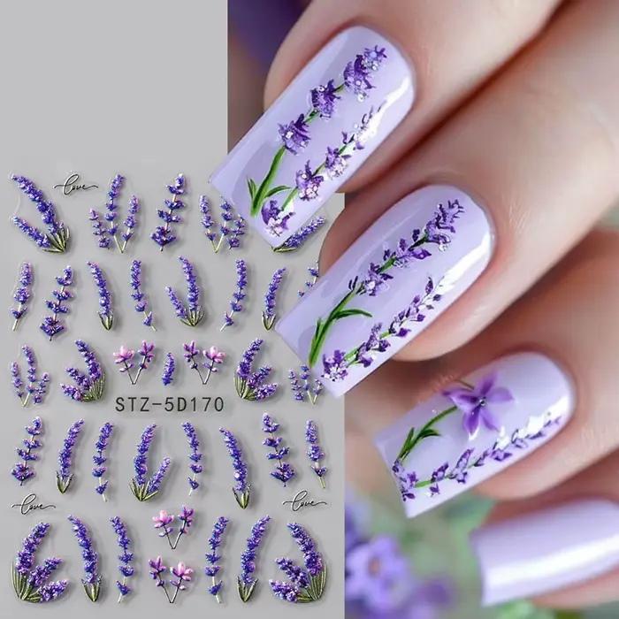 Autocollants pour ongles en relief 5D, 2 pièces, fleurs de lavande élégantes, fleurs lumineuses, aut