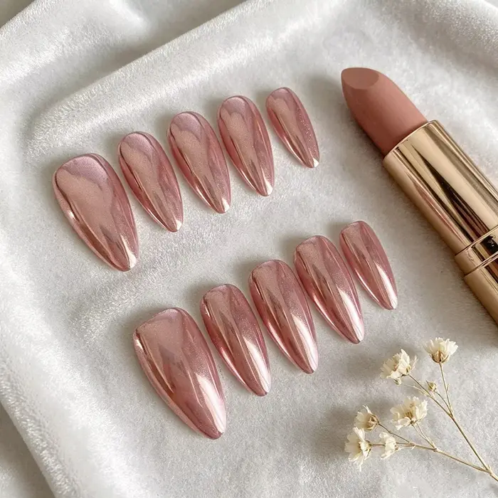 10 faux ongles press-on faits main en chrome or rose