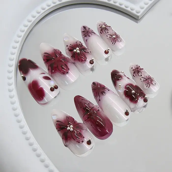 24 pièces fleur impression presse sur ongles vin rouge Blush amande faux ongles conseils portable ré