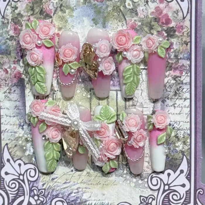Romantique Floral 3D presse sur ongles à la main Roses feuilles perles arcs mariée mariage Nail Art 