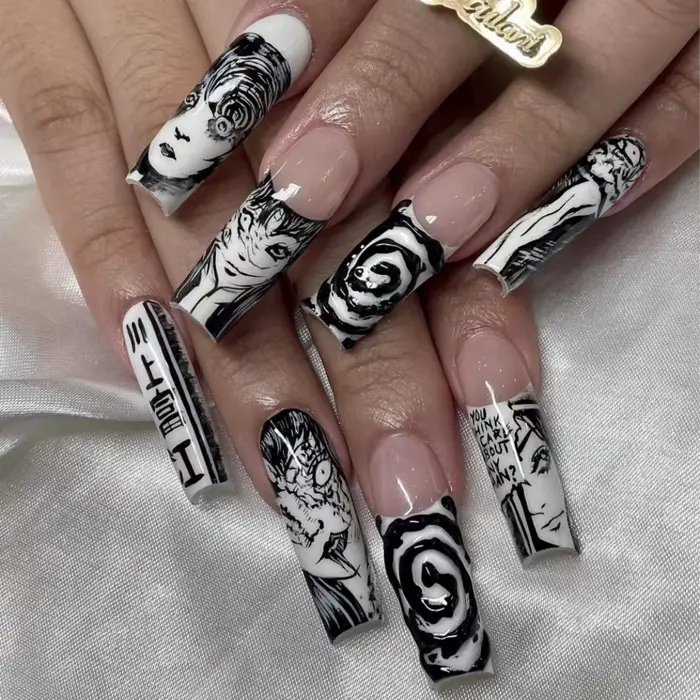 24 pièces/ensemble amande pointue Kawakami Tomie presse sur ongles portable artificiel avancé bande dessinée japonaise