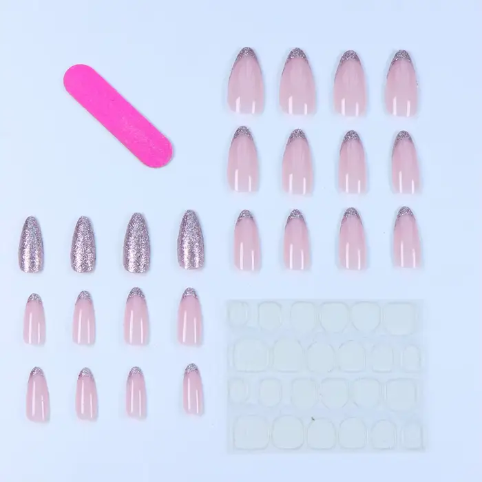 24 pièces rose paillettes français press-on ongles courts amande faux