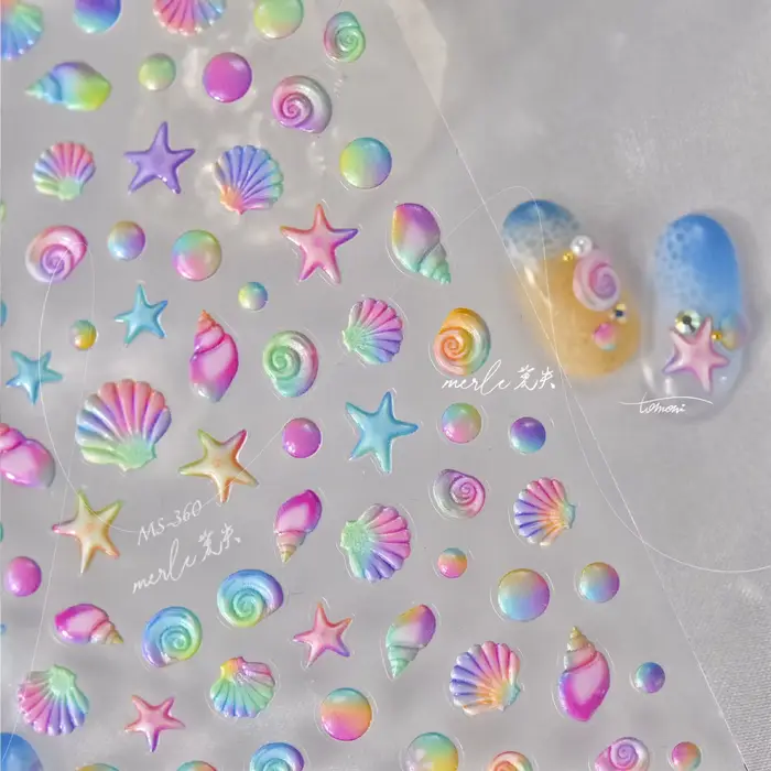 Coquilles de plage filets de pêche étoile de mer pétoncles strass perles 5D Nail Art autocollant doux auto-adhésif décoration manucure décalcomanies