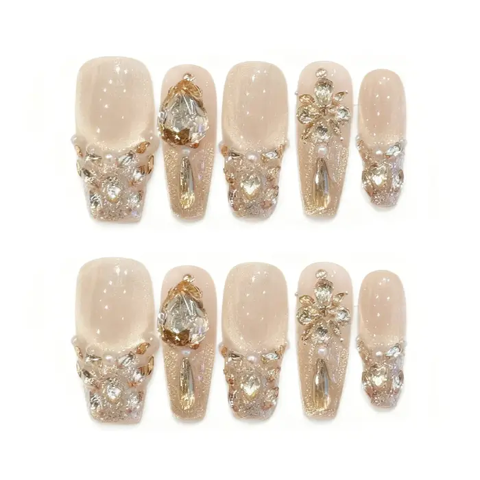 Faux ongles de luxe à pression avec strass en or rose