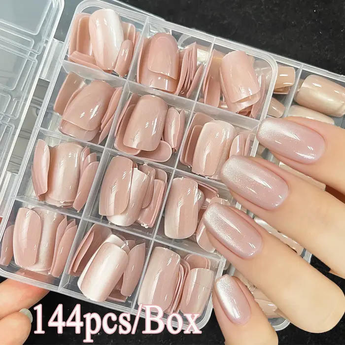 144 faux ongles à presser effet œil de chat rose nude, carrés moyens en acrylique, couvrance totale,