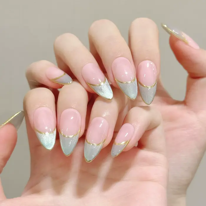 10 pièces presse à la main sur les ongles vert lait Style français perles de verre oeil de chat faux