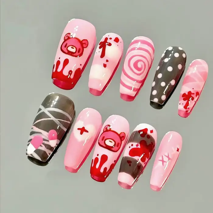 Ours sombre presse sur ongles moyen Long Stiletto mignon Kawaii Design à pois motif Unique faux ongl
