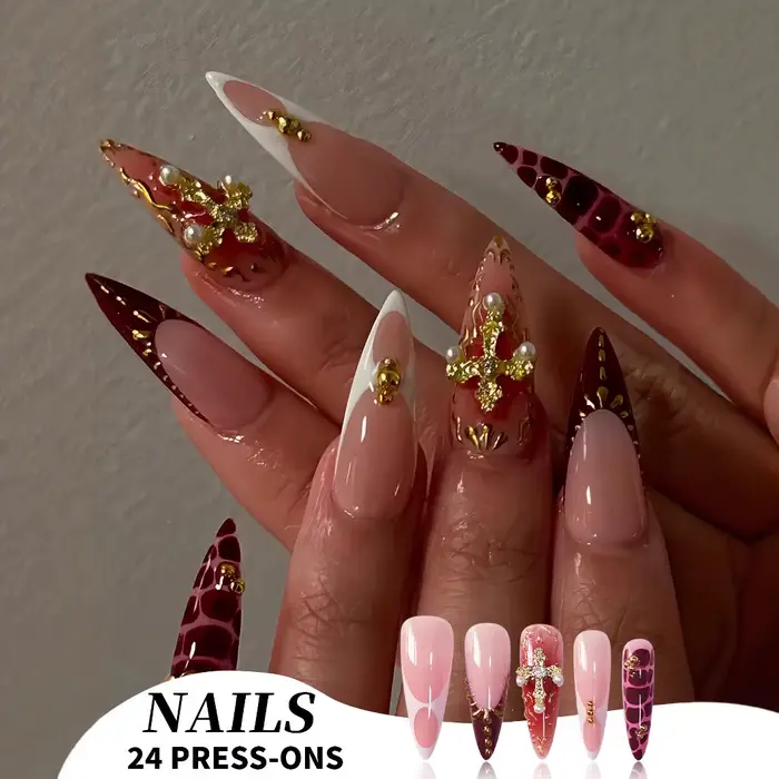 Faux ongles français à pression aiguille rose cerise