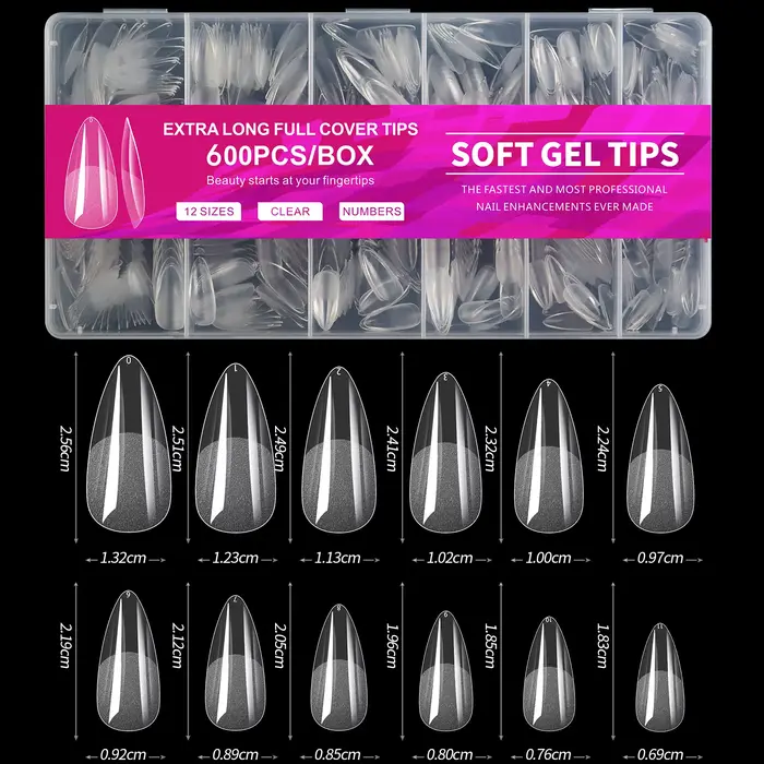 100/600 faux ongles courts en forme d'amande, en gel souple, couvrants, pour ongles en acrylique, à