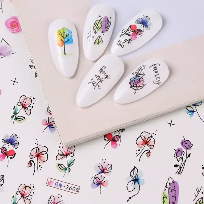 Autocollant de fleurs d'encre pour Nail Art, 12 pièces, décalcomanie d'eau d'été, fleurs en fleurs,