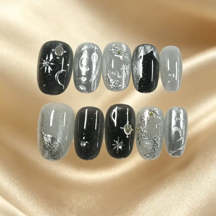 10 faux ongles ovales pressés à la main, magnifiques faux ongles, gris argenté, ciel étoilé mystérie