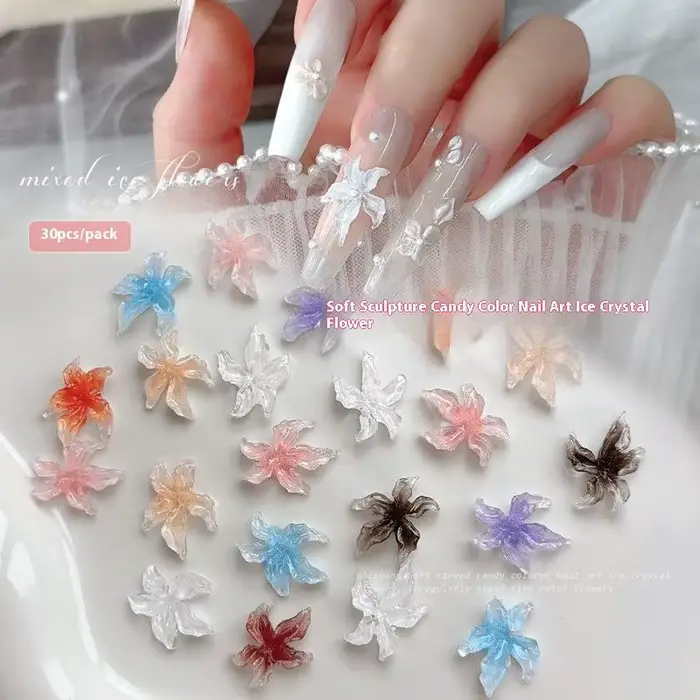 30pc mixte 3D résine dégradé coloré Transparent Lily Nail Art décoration Style bizarre tacheté fleur ongles breloques pour manucure