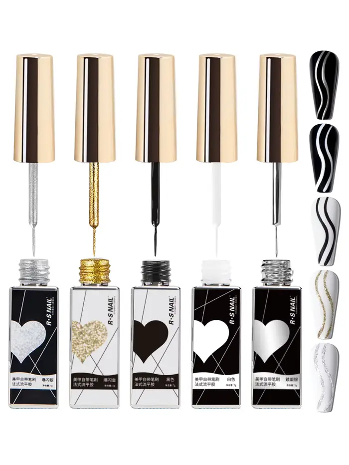 RSNAIL Gel Liner Pailleté Métallique Vernis à Ongles Blanc Noir Gel UV Peinture DIY Nail Art Gel Rayures Françaises Semi-Permanent