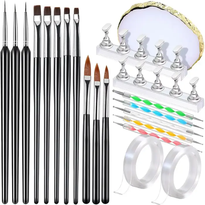 Kit de bricolage pour nail art 21 pièces – 11 pinceaux + 5 stylos à points + 2 supports magnétiques + palette + 2 rubans adhésifs – Essentiel pour salon et maison