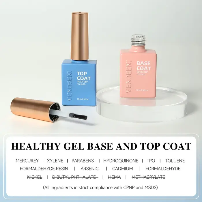 Vendeeni Top Coat Fort Sans Résidu à Haute Luminosité, Base Coat, Vernis à Ongles en Gel UV, Vernis Gel Durable, Top Coat Résistant aux Rayures