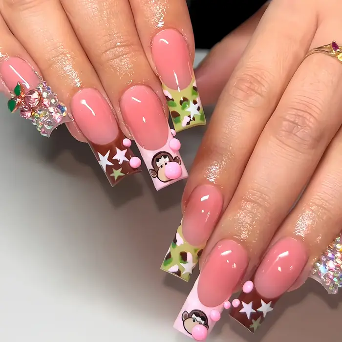 Faux ongles dessin animé petit singe, Blush, cercueil Long, doux et frais, diamant brillant, couleur