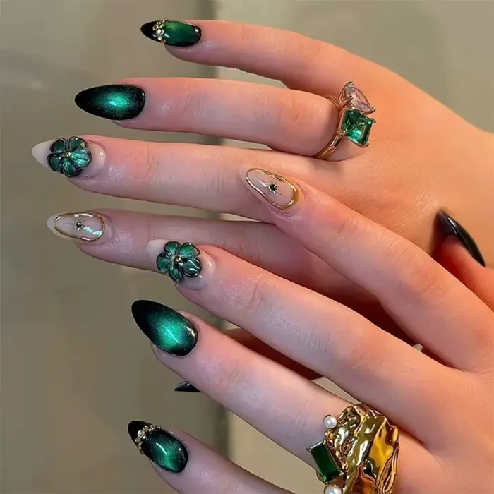 24 faux ongles 3D vert motif vague