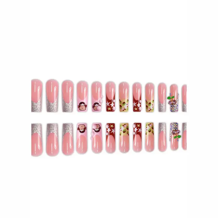 Faux ongles dessin animé petit singe, Blush, cercueil Long, doux et frais, diamant brillant, couleur étoile Y2k, presse française sur les ongles