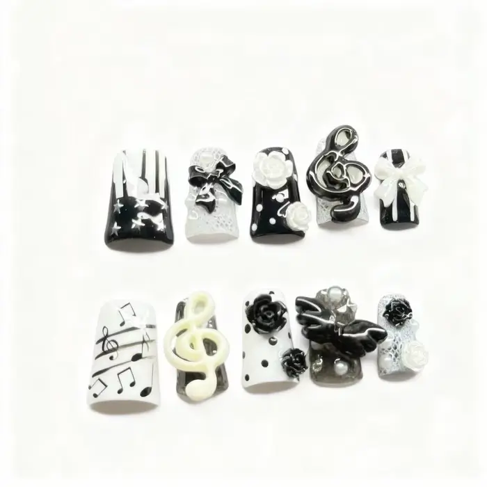10 pièces à la main gothique presse sur ongles Punk foncé 3D Note de musique conception faux ongles 