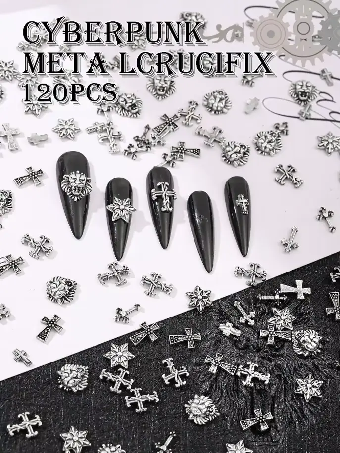 Argent ancien 120 pièces Punk métal Nail Art croix Patch Y2k métal Style rétro croix ongles ornement