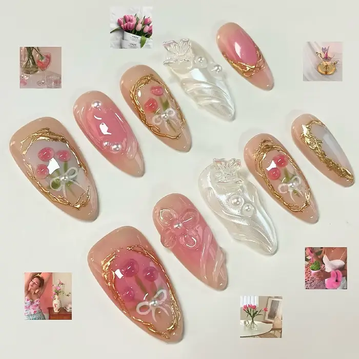 24 pièces flore amande presse sur ongles avec colle Mori fille Nail Art Ballet Style Rural couvertur