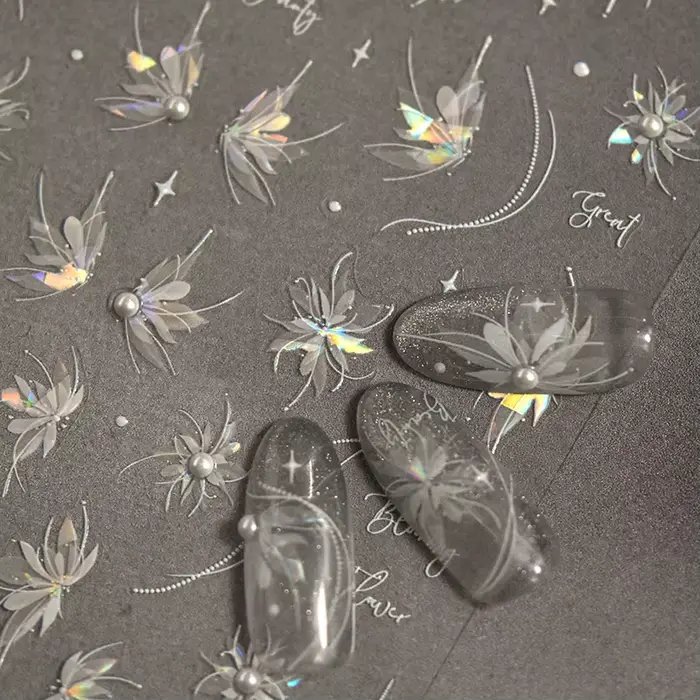 Autocollants pour ongles translucides 5D, haute qualité, en relief, blanc pur, perle dahlia, strass 