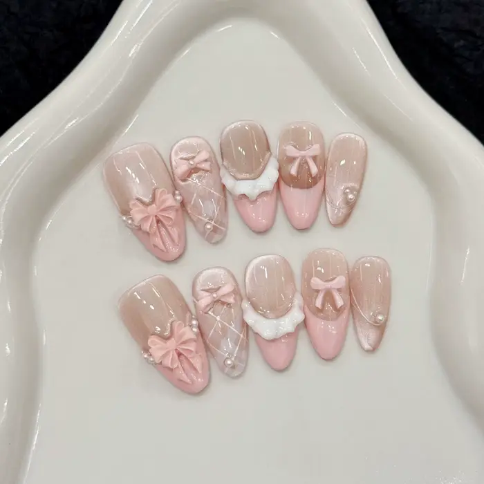 10 pièces presse à la main sur les ongles français oeil de chat rose arc décor coréen faux ongles po