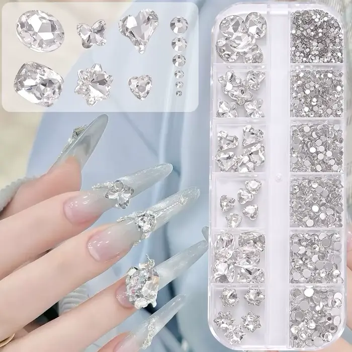 1 boîte de strass 3D transparents pour Nail Art, 12 formes ovales mixtes, papillon, cœur, fleur, bre
