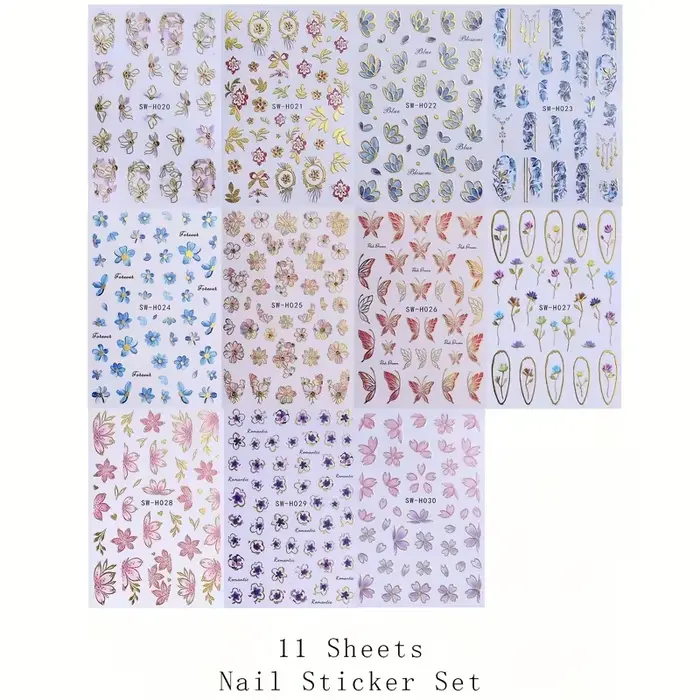 11 autocollants floraux pour ongles printemps-été - Motif fleur de cerisier, autocollants auto-adhés