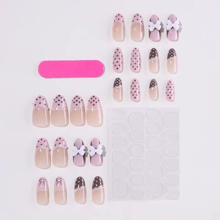 24 faux ongles mignons en dentelle à nœud